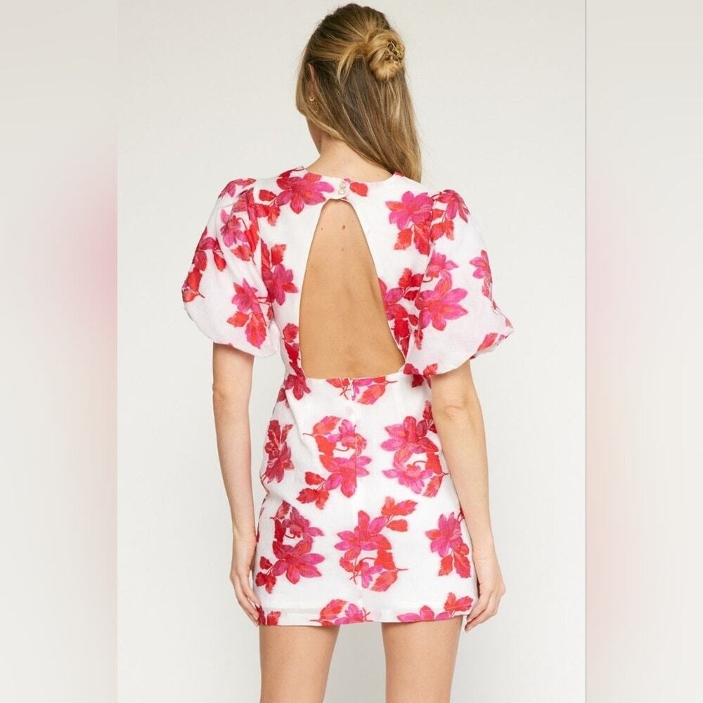 Entro Women's White & Pink Floral Puff Sleeve Open Back Mini Dress Size Large - Picture 2 of 11